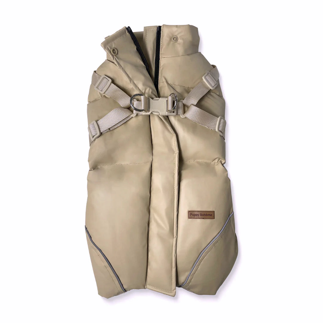 Puppy Bohème // Step-in Winterjacke mit Geschirr und Ärmeln (Café Latte) Größe 3 und 4