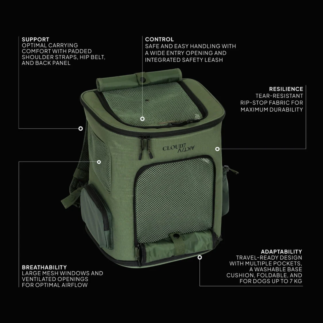Cloud7 AKTIV Backpack // Let rygsæk til hunde op til 7kg. (olive)