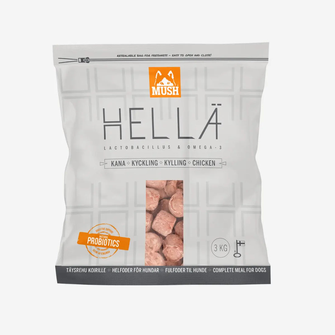 Mush Hella // 90 % Hähnchen ohne Knochen (gefroren) 3 kg.